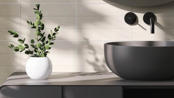 Modern and luxury dark gray bathroom vanity with counter top, round ceramic washbasin, black faucet and frameless mirror Modern and luxury dark gray bathroom vanity with counter top, round ceramic washbasin, black faucet and frameless mirror