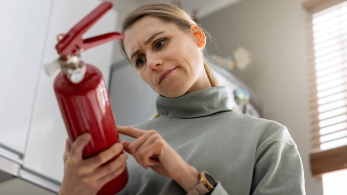 A woman checks the fire extinguisher expiration date at home A woman checks the fire extinguisher expiration date at home