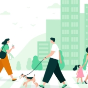 City scape flat vector illustration of people walking