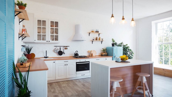 modern kitchen interior with island, sink, cabinets, and big window in new luxury home modern kitchen interior with island, sink, cabinets, and big window in new luxury home